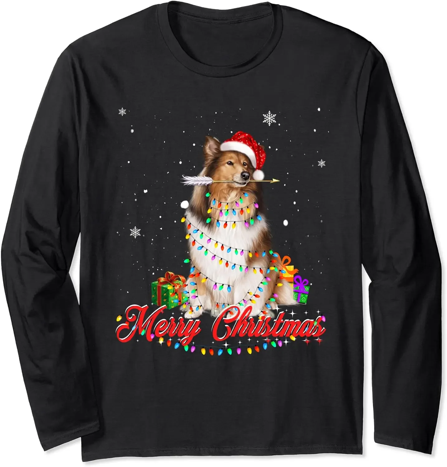 

Funny Shetland Sheepdog Santa Christmas Lights T-Shirt 100% Cotton O-Neck Summer Long Sleeve Casual Mens T-shirt Size S-3XL