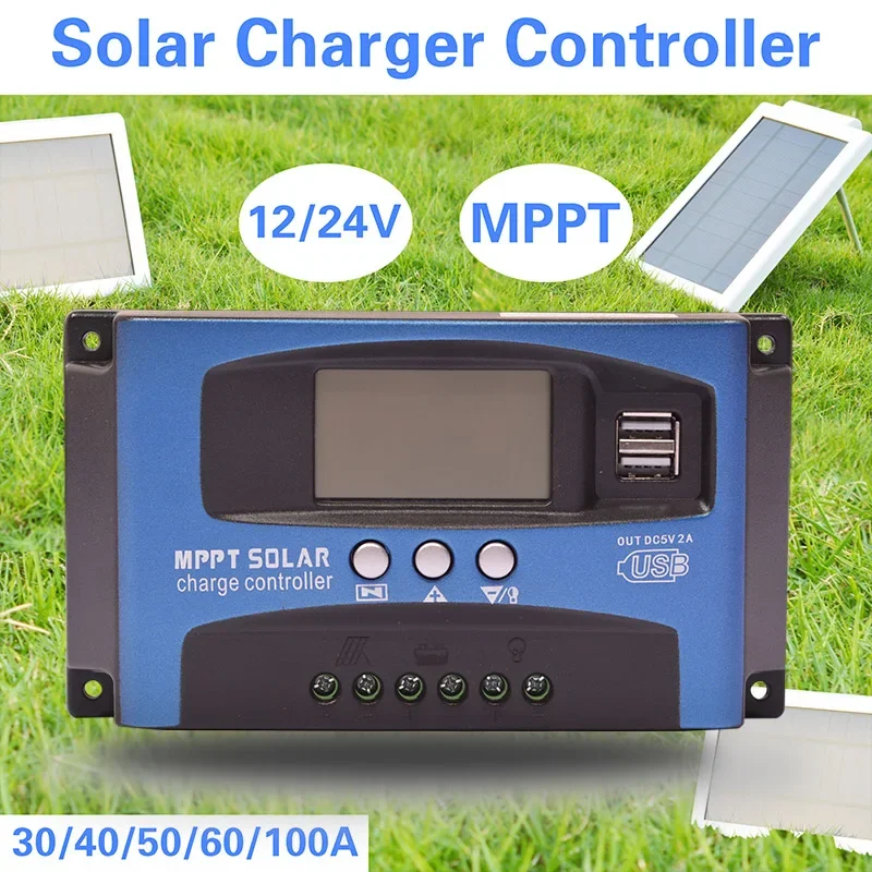 30/40/50/60/100A MPPT Regolatore di carica solare Doppio display LCD USB 12V/24V Regolatore automatico del caricatore del pannello a celle solari con carico
