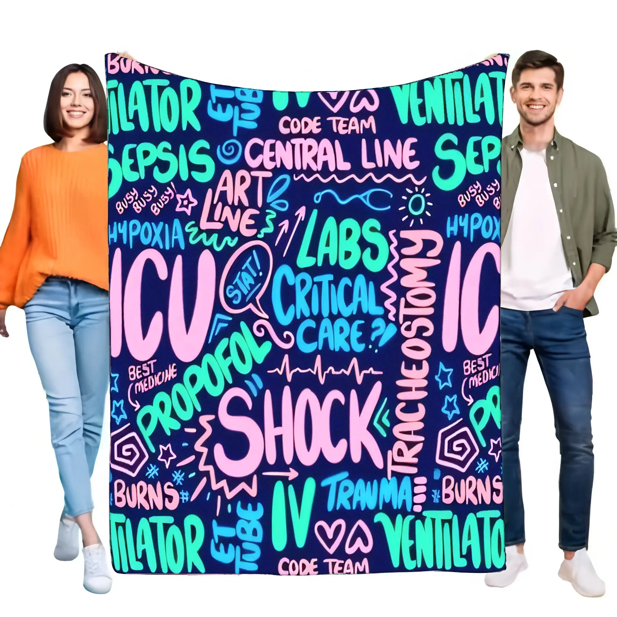 ICU-Flanelldecke für Krankenschwestern, Arzt, medizinische Wörter, Graffiti, weich, gemütlich, kritische Pflege, Überwurf, Gesundheitsarbeiter, Anerkennungsgeschenk