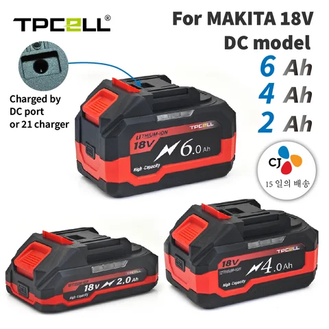 Makita 18V 배터리 전동 공구 용 TPCELL 21V 2/4/6/9AH BMS가있는 18 V 스크루 드라이버 용 리튬 이온 교체 LXT BL1850 BL1840