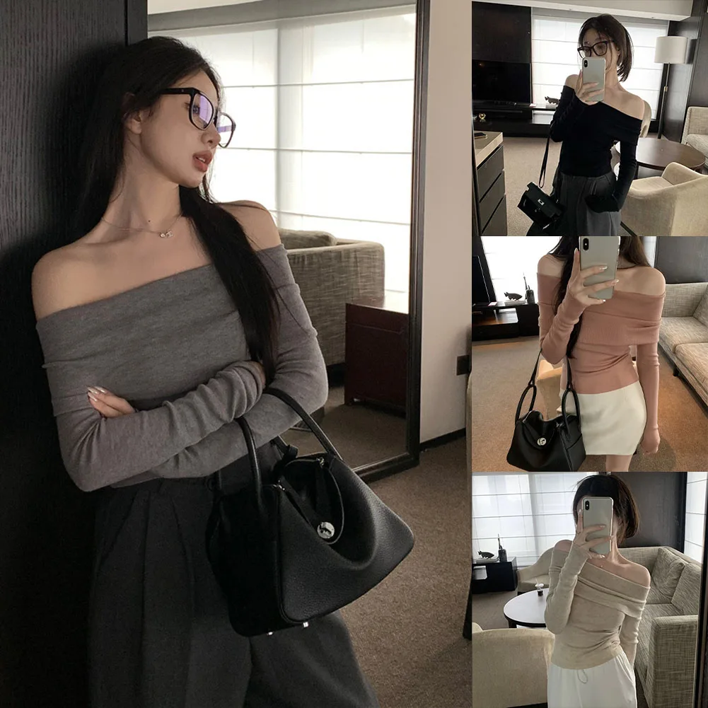 Sleek Silhouette Women's Stylish Slim Fit Off Shoulder Tee With Practical Long Sleeves For Casual Days Out In Cooler Weather