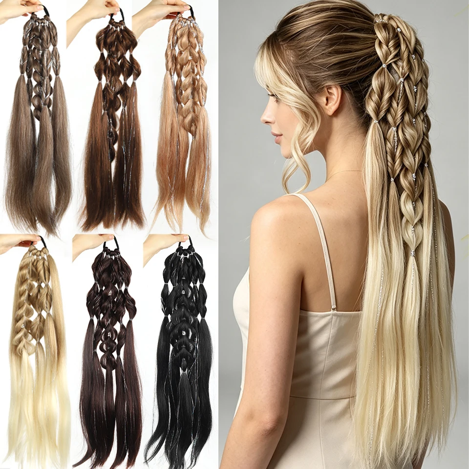 24 inch lantern bubble braid rubber band with silver silk thread woven synthetic ponytail suitable for women's daily party use