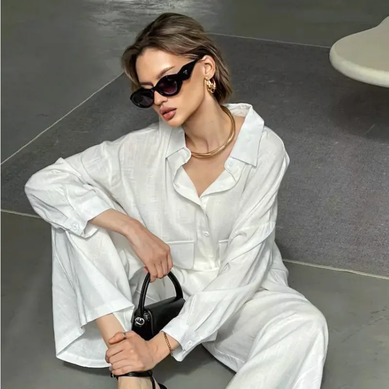 

Белая хлопковая пижама, кардиган, брюки с длинными рукавами, свободная повседневная женская одежда для дома с карманами