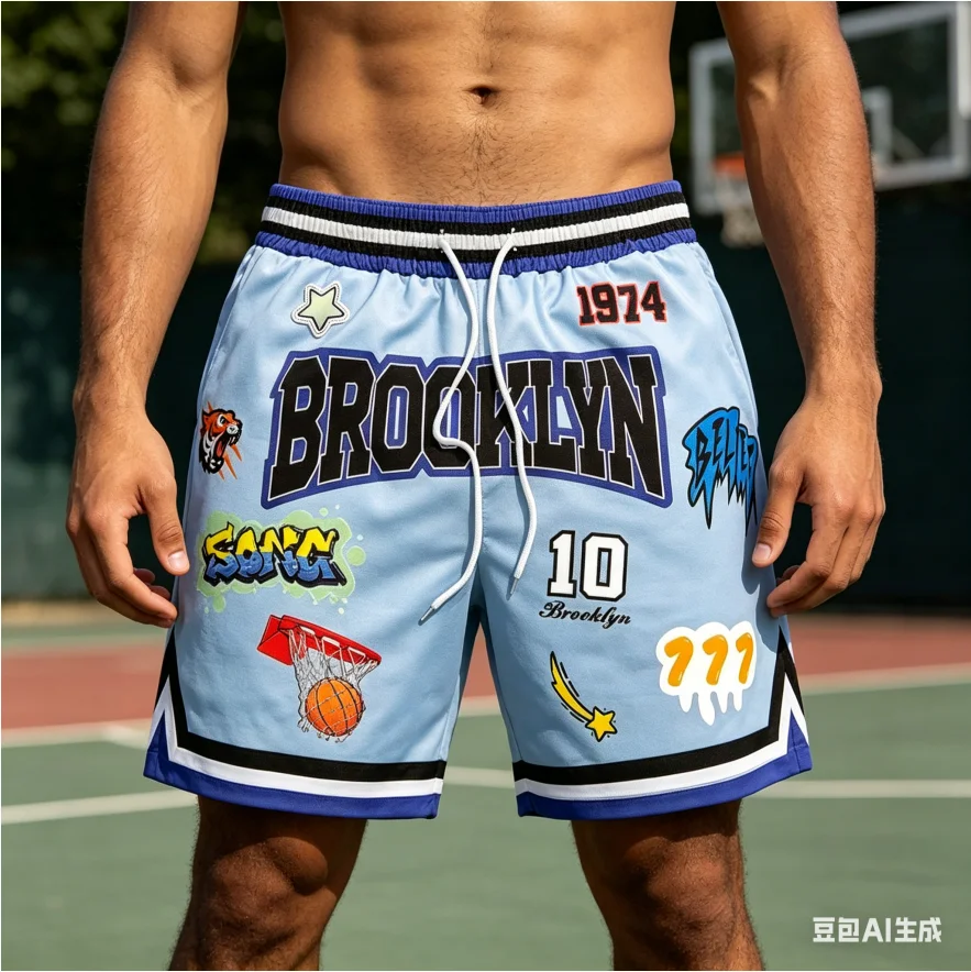 NEW Summer BROOK LYN Y2K Graphic Print Basketball Shorts Men's Casual Quick-dry Beach Shorts Comfy Relaxed-Fit Flexible Shorts