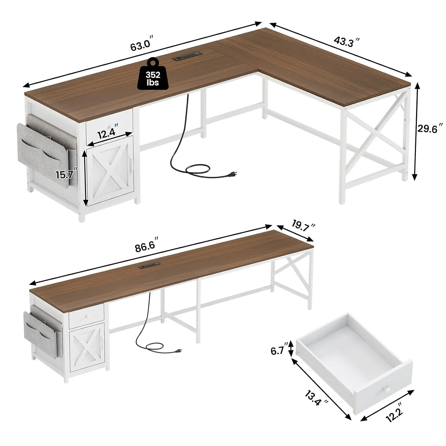 L Shaped Desk with Drawer & Storage Cabinet, Convertible Corner Computer Desk with Power Strip for Home Office 63