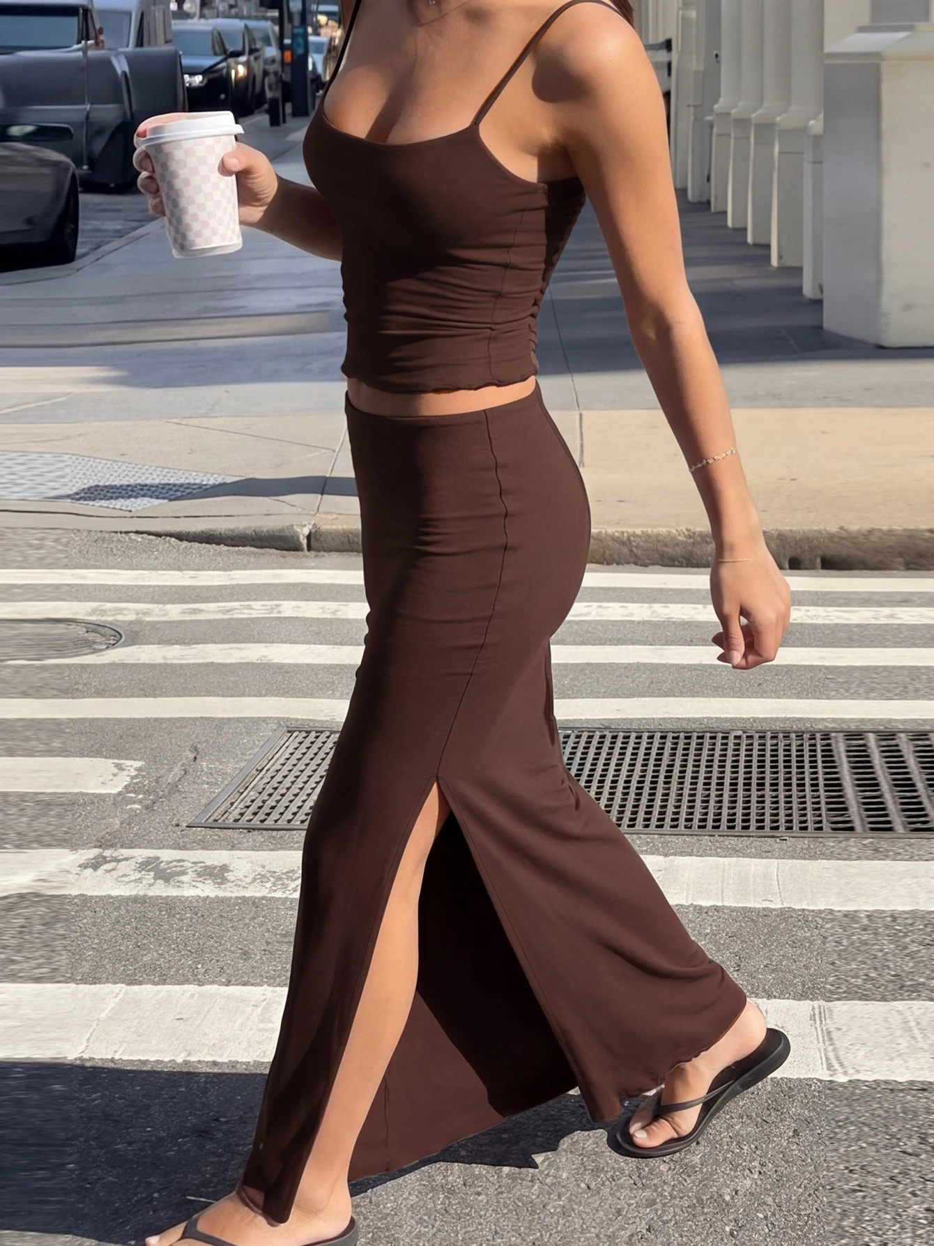Hugcitar Women Fashion 2 Piece Sets Solid Slips Sexy Crop Camis Top Slit Maxi Skirt Summer Female Outfits Beach Vacation Club