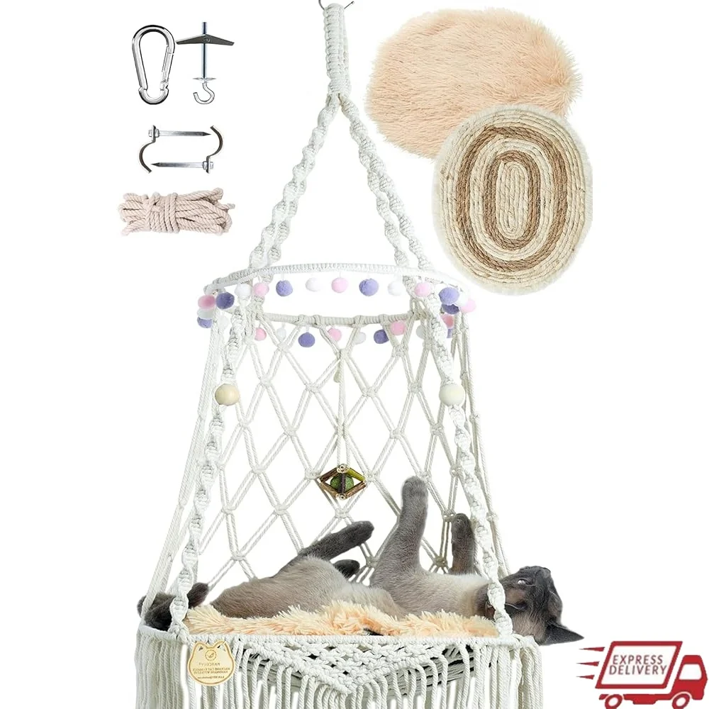 

Hanging Cat Bed Macrame Cat Hammock Window Perch Indoor Outdoor Cat Lounge Set with Catnip Mats and Climbing Design