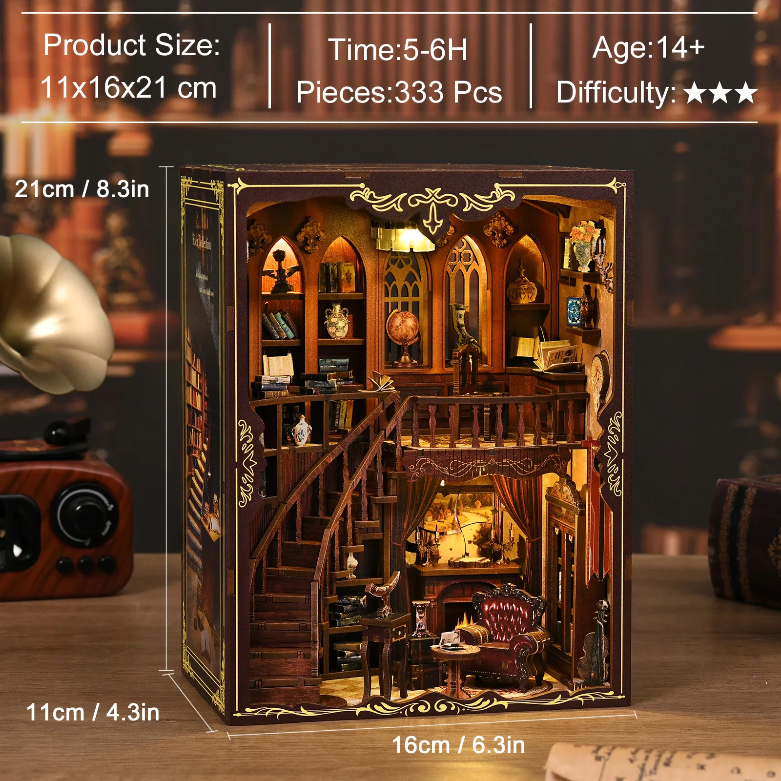 OUZEY خشبية بيت الدمية الصغيرة لتقوم بها بنفسك BookNook عدة التجمع نموذج ثلاثية الأبعاد لغز Bookend رف الكتب إدراج ديكور مع مصباح ليد هدايا عيد الميلاد #4