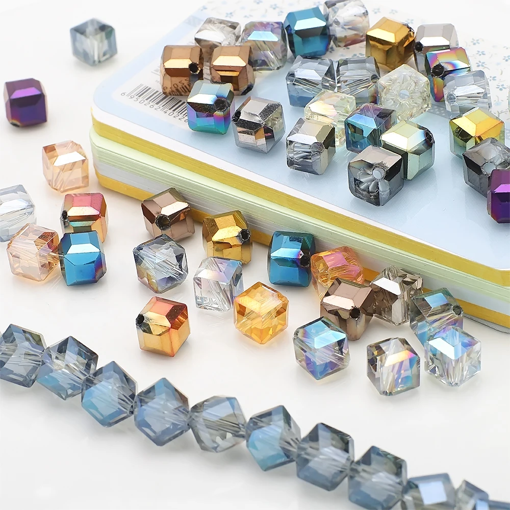 30Pcs 8mm Faceted Glass Crystal Diagonal Square Beads Loose Spacer Cube Crafts For DIY Making Earing Necklace Jewelry Accessory