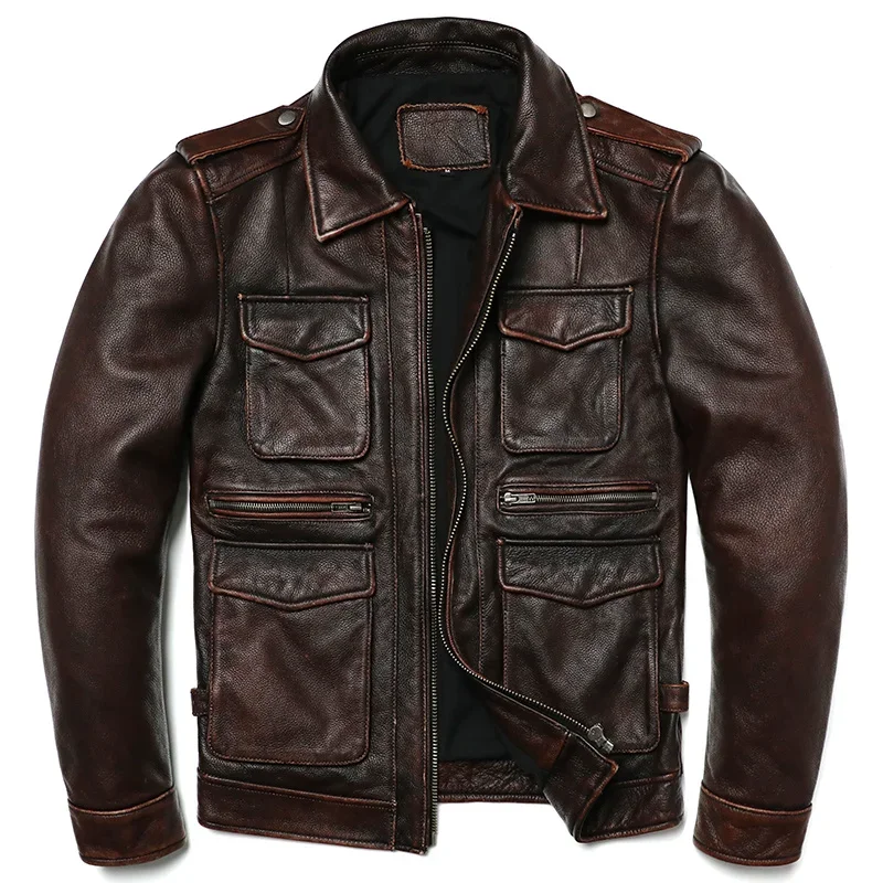 NEW M65 Brown Vintage Style Genuine Leather Jacket Men Natural Cowhide Fashion Slim Coat Jackets Man