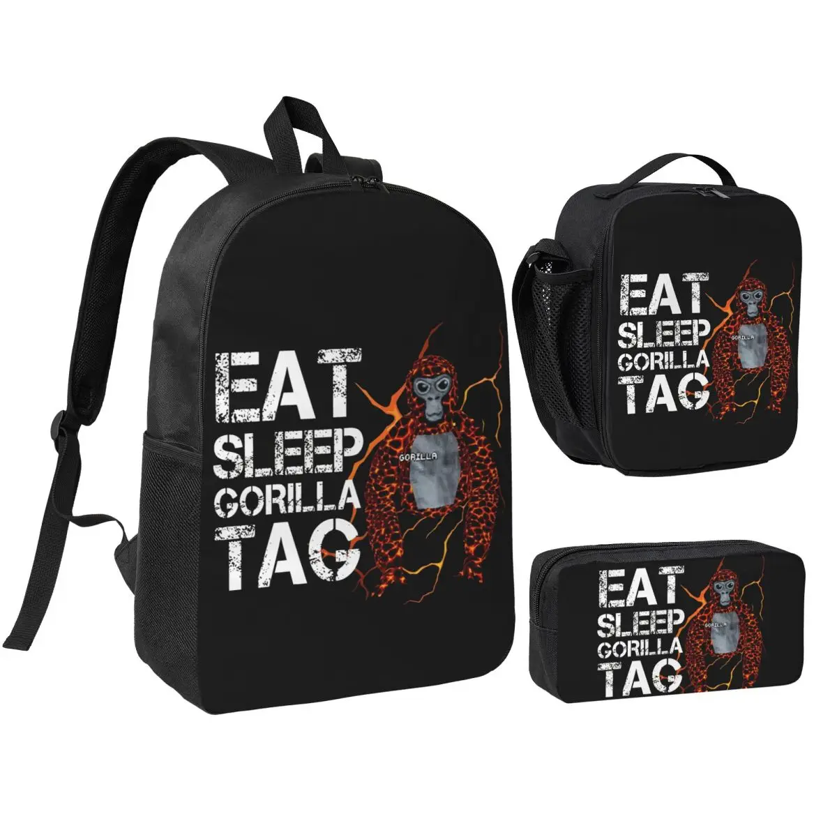 Eat Sleep Gorilla Tag 3pecs/set Backpack for Student Game Monkeys Daypack Lunch bag Pencil Case