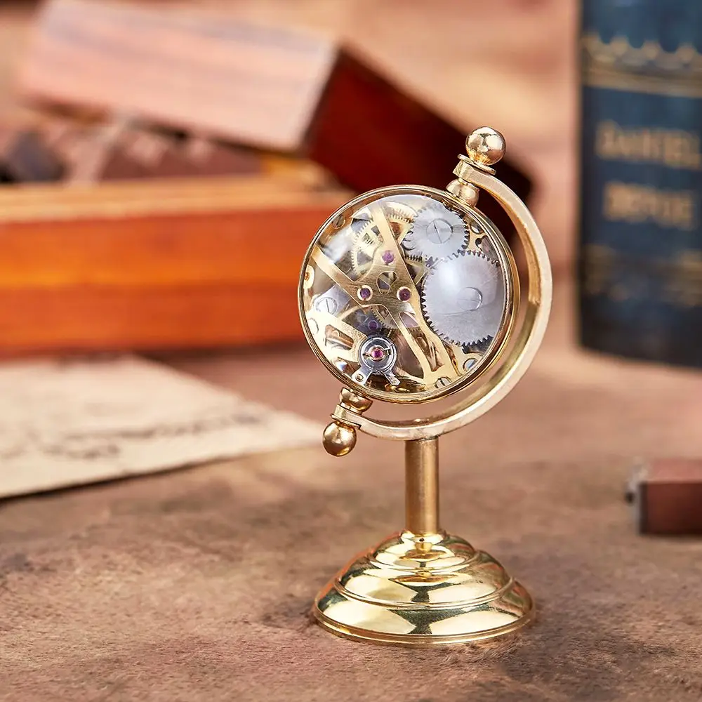 Boule de verre transparente en cuivre pour homme, horloge de bureau mécanique à remontage manuel, globe en forme de trophée, ornement de bureau, cadeaux vintage, 2023