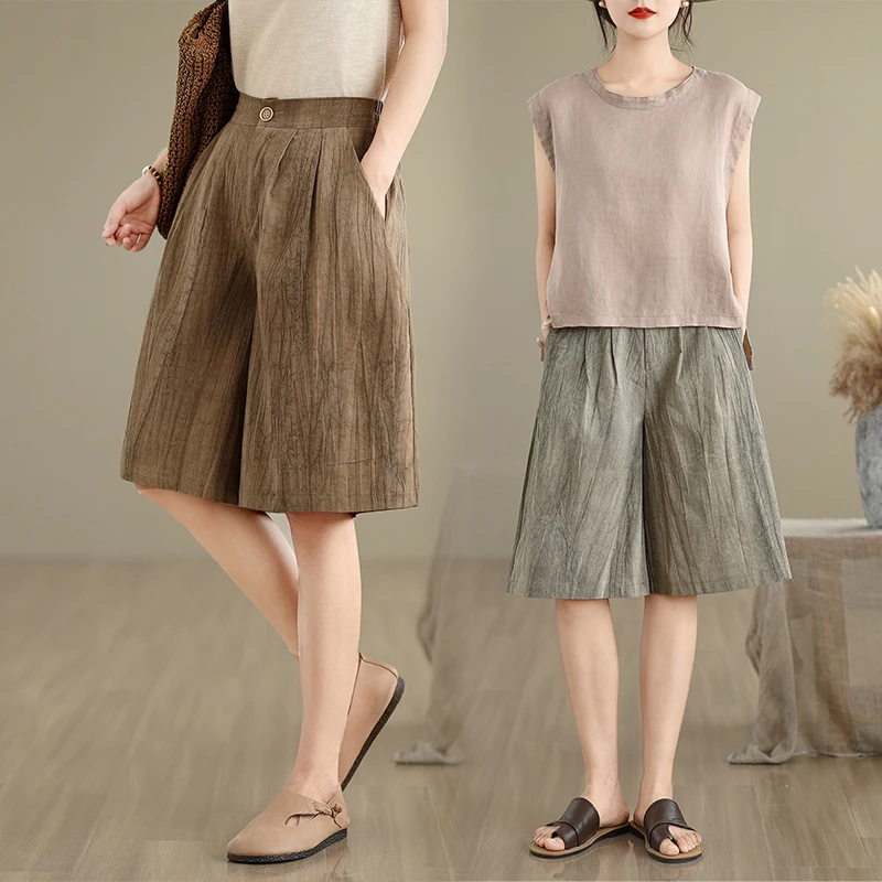 

Свободные хлопковые льняные брюки с высокой талией, женские летние тонкие винтажные универсальные брюки «пять четвертей», широкие брюки