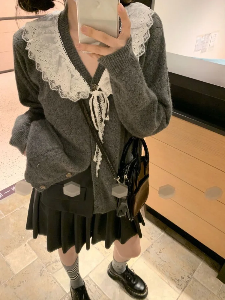 

QWEEK Japanese Harajuku Cardigan Y2k Coquette Lace Bow Kawaii Cute Grunge School Student Sweater 2024 Autumn Fashion