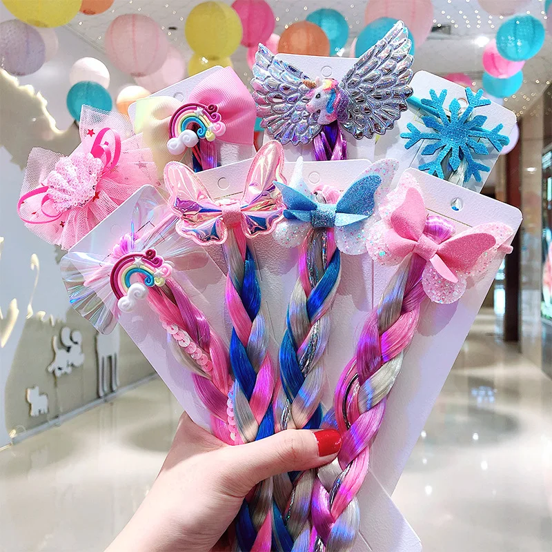 

Princess Kawaii Bows Rainbow Unicorn Wings Cute Girls Bangs Side Hair Clip Wig Hairpin Twist Braid Headwear for Baby Accessories