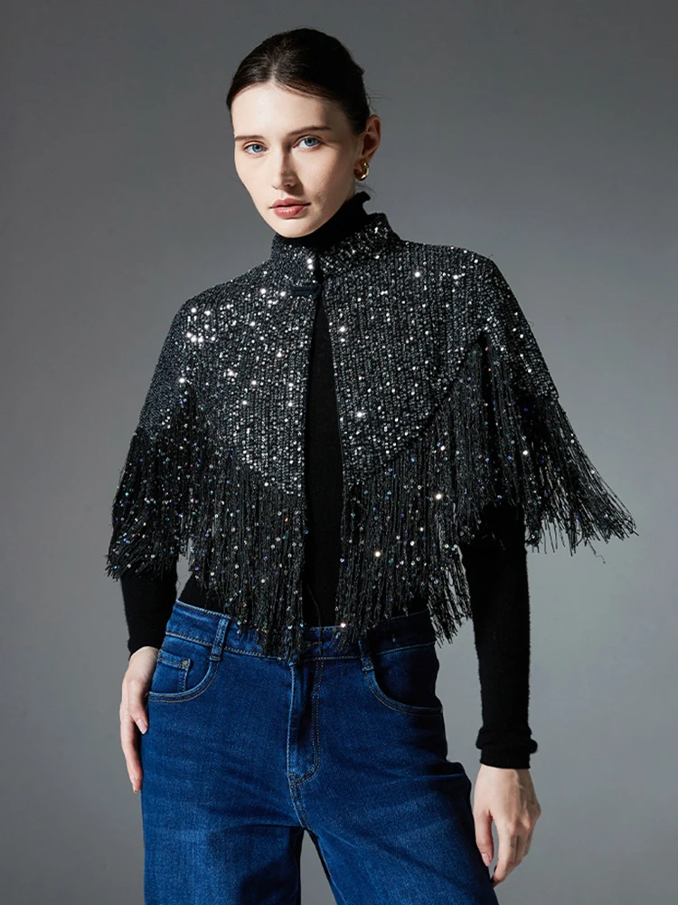 

Autumn Winter Women Lady Layers Poncho Elegant Sparkly Silver Sequin Tassel Wrap Shawl Capa Para Short Cloak Coat Fashion Party