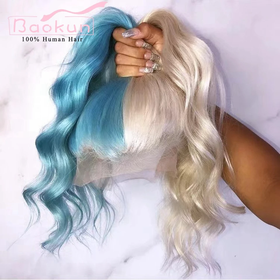 13x4 Half Blue Blonde 613 Human Hair Wig Pre Plucked Pink 360 Body Wave Lace Front Wig HD Glueless Human Hair Lace Frontal Wig