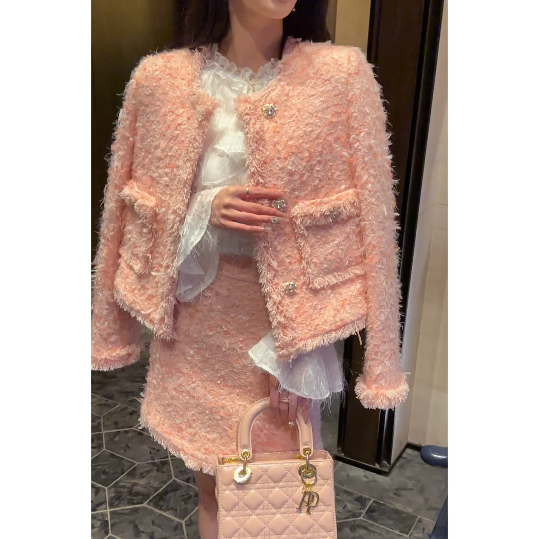 In Stock: Women's Winter Elegant Tweed Set, Celebrity-style Thick Woven Wool Mini Skirt, Pink Two-piece Outfit Female Lady Set