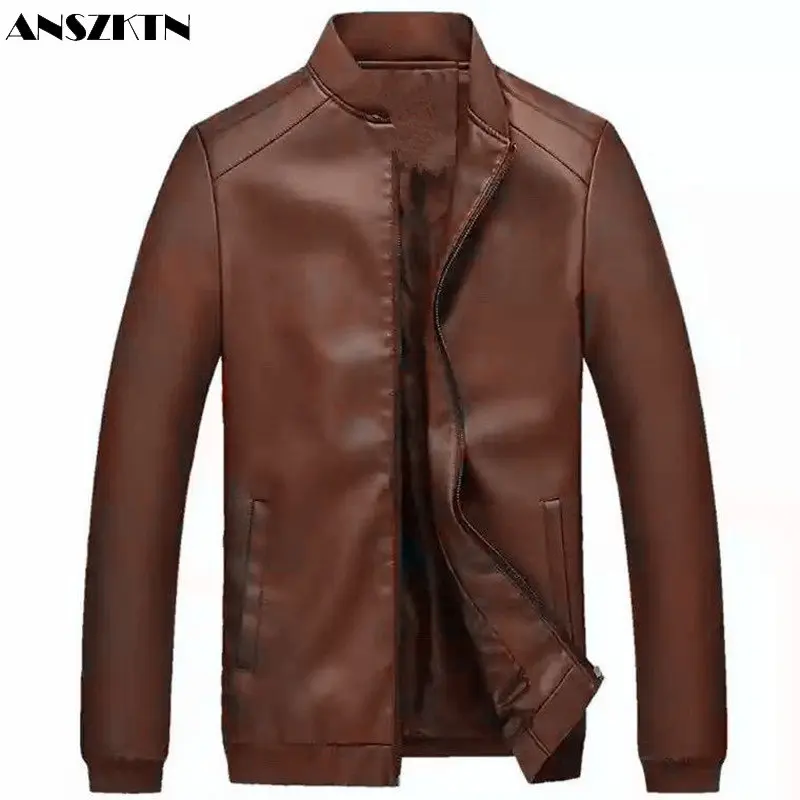 

ANSZKTN Autumn Winter Fashion Men's Faux Leather Jackets Solid Color Zipper Coat Casual Motorcycle PU Jacket For Men