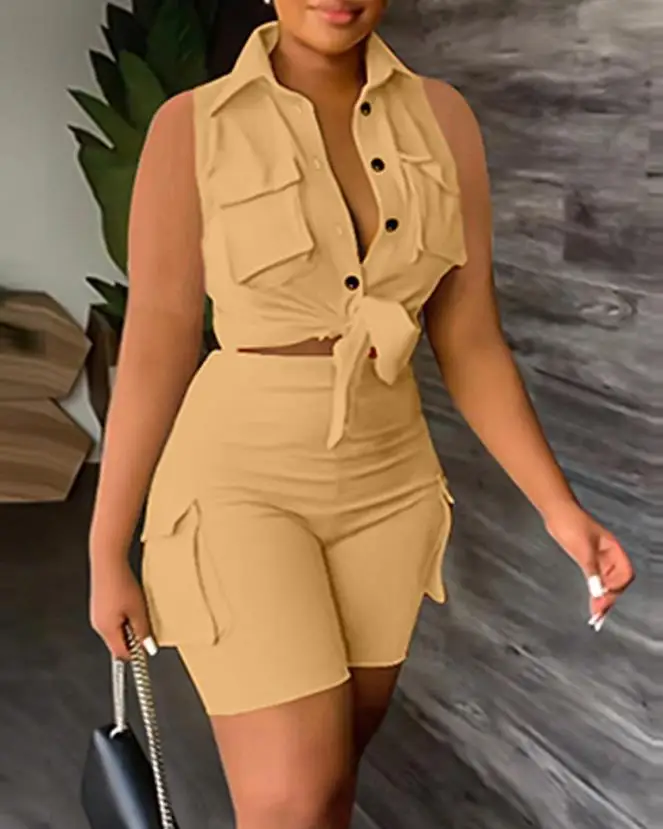 

Women Commuting Suits 2024 Spring Summer Latest Turn Down Collar Button Pocket Tied Detail Sleeveless Top& High Waist Shorts Set