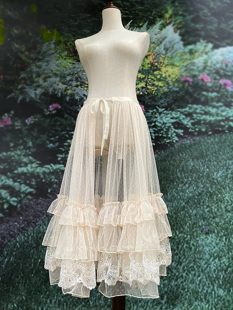 

Dotted Lolita Waist Curtain Sheer Mesh Cover Up Skirt Underskirt Long Versatile Veil Half Skirt Cake Style Hood Skirt