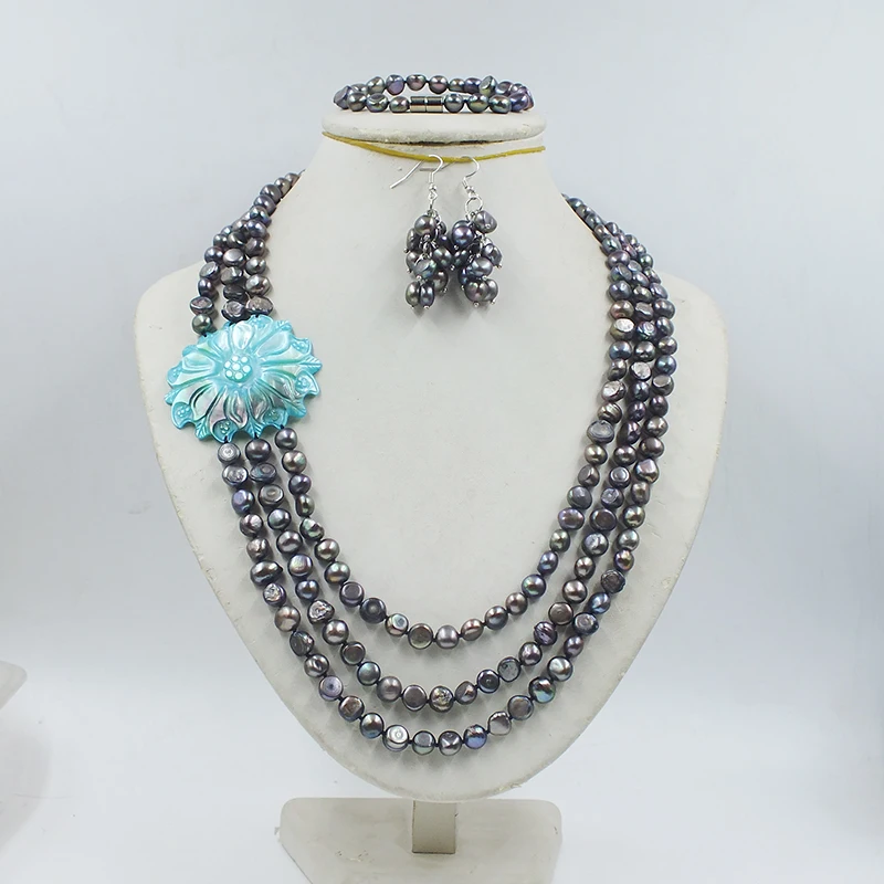 8MM AAA Natural Black Fresh Water Baroque Pearl Necklace/Bracelet/Earring Set. Fashion Women's Wedding Jewelry