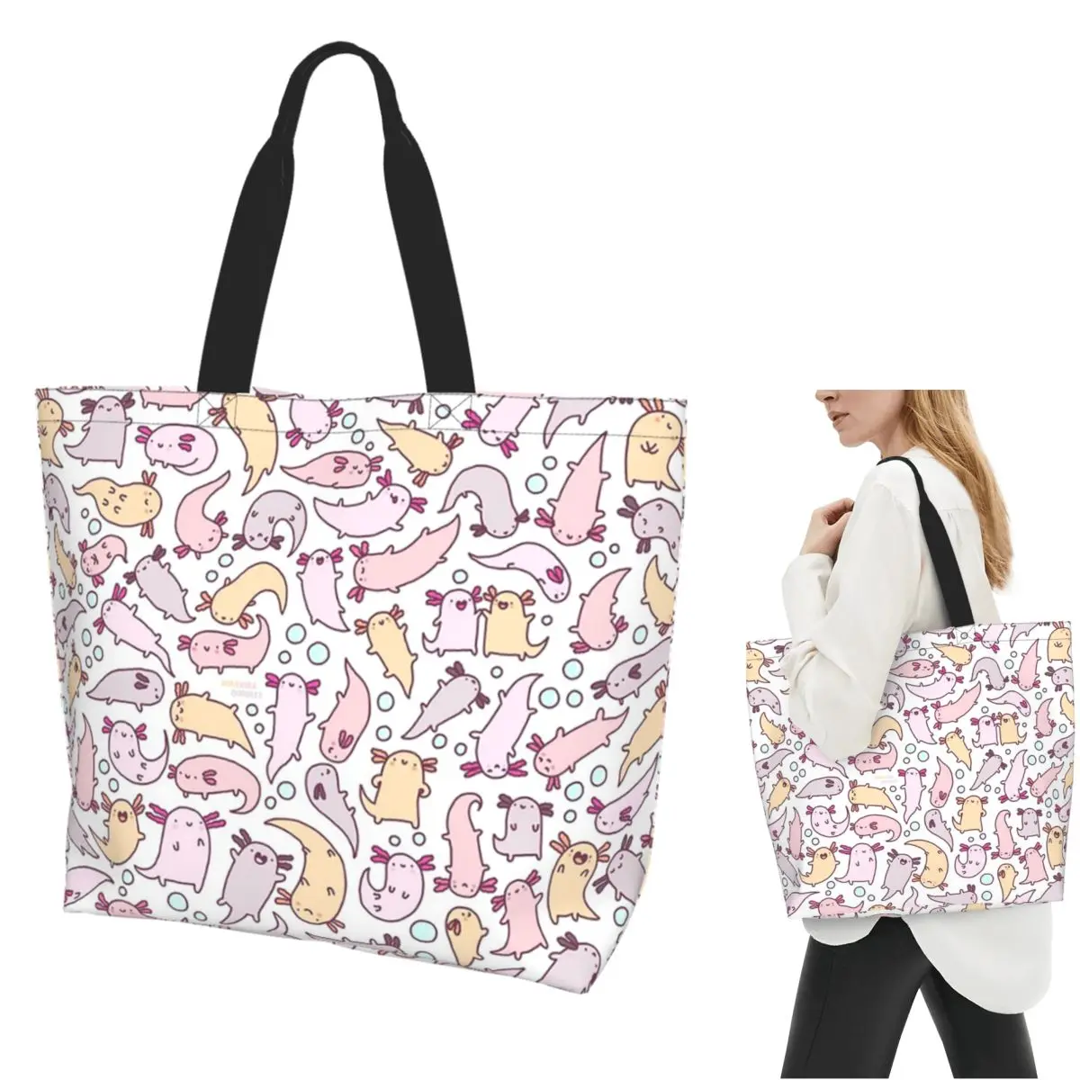 Adorable Axolotls Shopping Tote Bag Canvas Large Capacity Shoulder Bags Shopper Grocery Handbag for Women