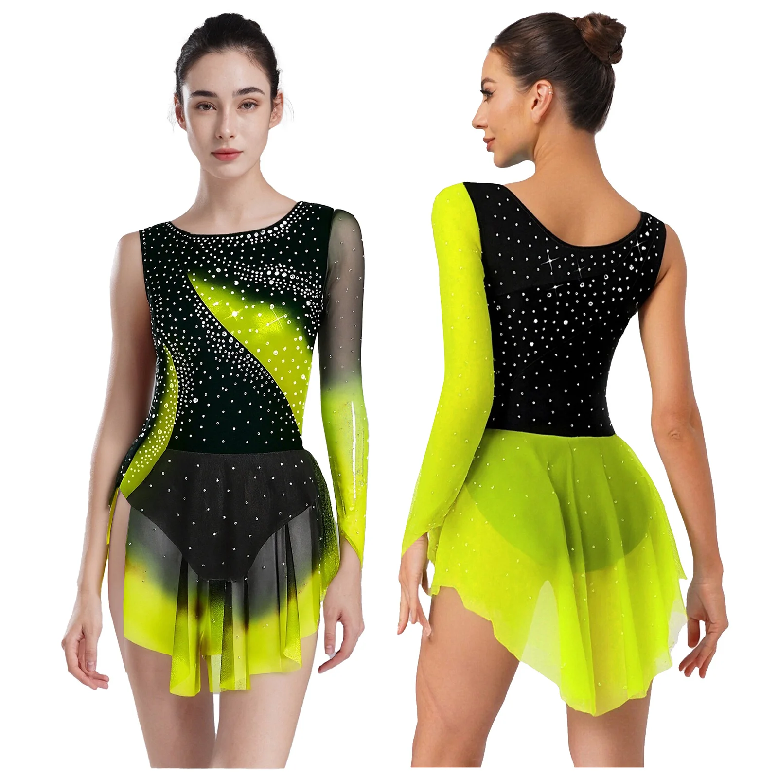 Womens Rhythmic Gymnastics Skirted Leotard Long Sleeve Rhinestones Irregular Mesh Hem Figure Skating Ballet Dance Dress Costume