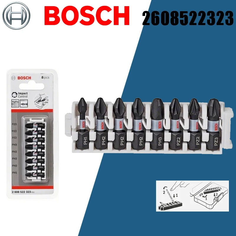 BOSCH 2608522323 8Pcs Screwdriver Bit 1\'\' 25mm S2 Steel Impact Resistant Electric Screwdriver Bits PH1 PH2 PH3 PZ2 PZ3 ToolParts