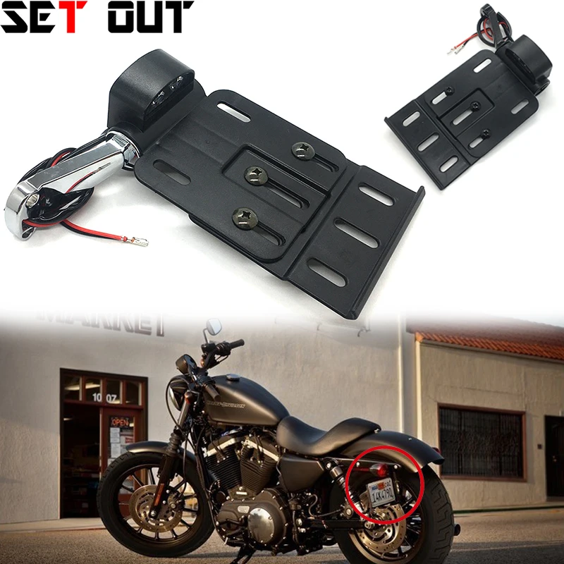 

Motorcycle Turn Signal Folding LED Light Side Mount License Plate Frame Adjustable For Harley Breakthrough XL 1200 883 X48 72