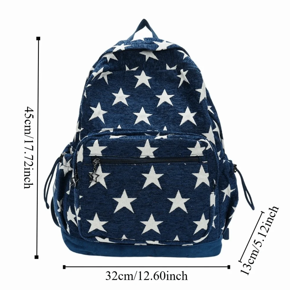 Plecak w stylu koreańskim z szarymi paskami, wieloma kieszeniami, regulowanymi paskami, nadrukiem gwiazd, lekki, idealny do dojazdów do pracy.