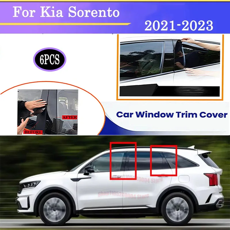 

For Kia Sorento 2021-2023 6Pcs High Gloss Black & Silver Carbon Fiber Window Pillar Post Cover Protective OE Set