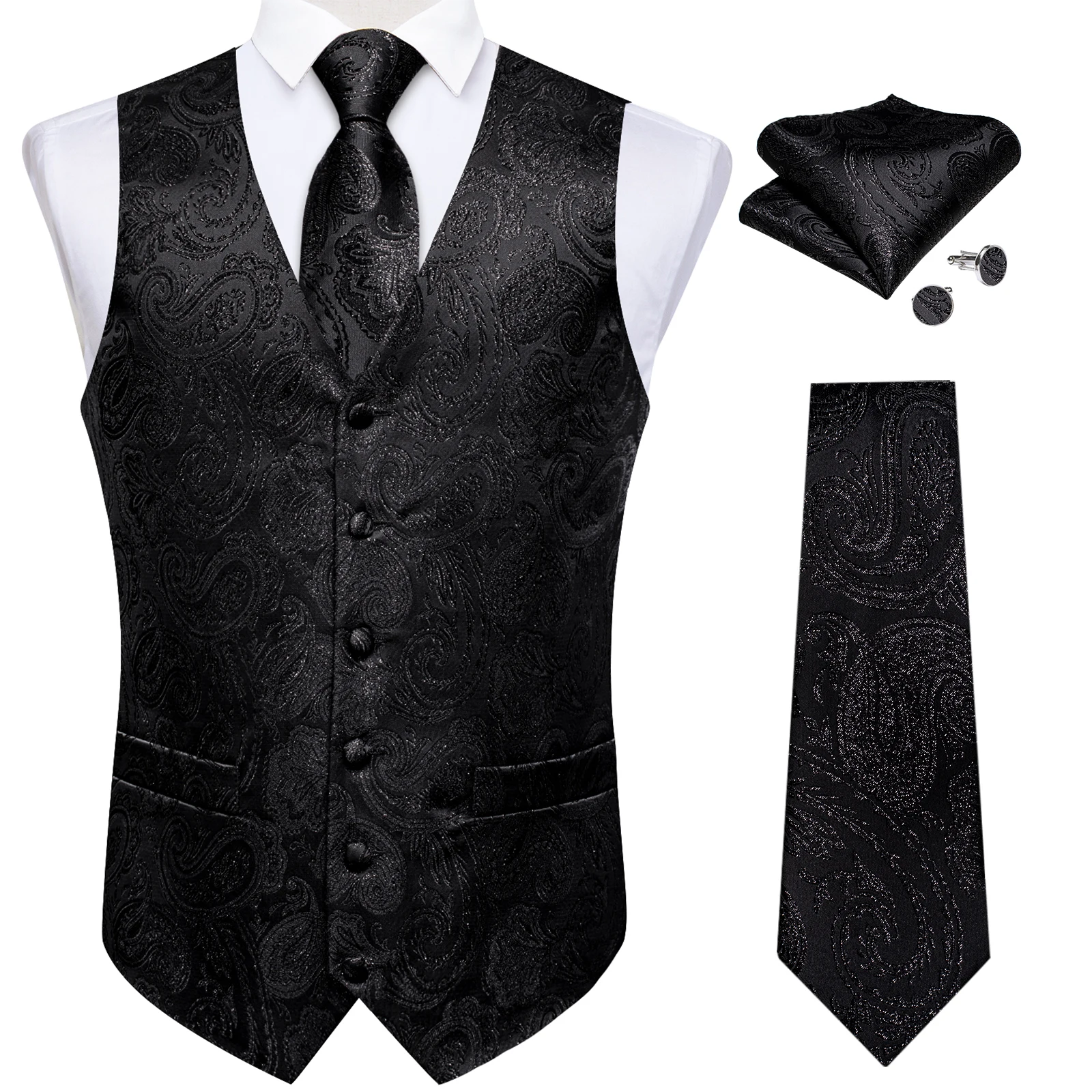 Luxury Paisley Men's Suit Vest Black Pink Red Wedding Prom Tuxedo Waistcoat Necktie Handkerchief Cufflink Sleeveless Jacket Vest