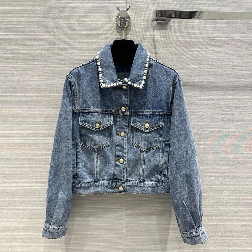 

2024 New Spring Fashion Blue Denim Jacket Women Lapel Long Sleeve Embroidery Pearls Sweet Loose Short Coat