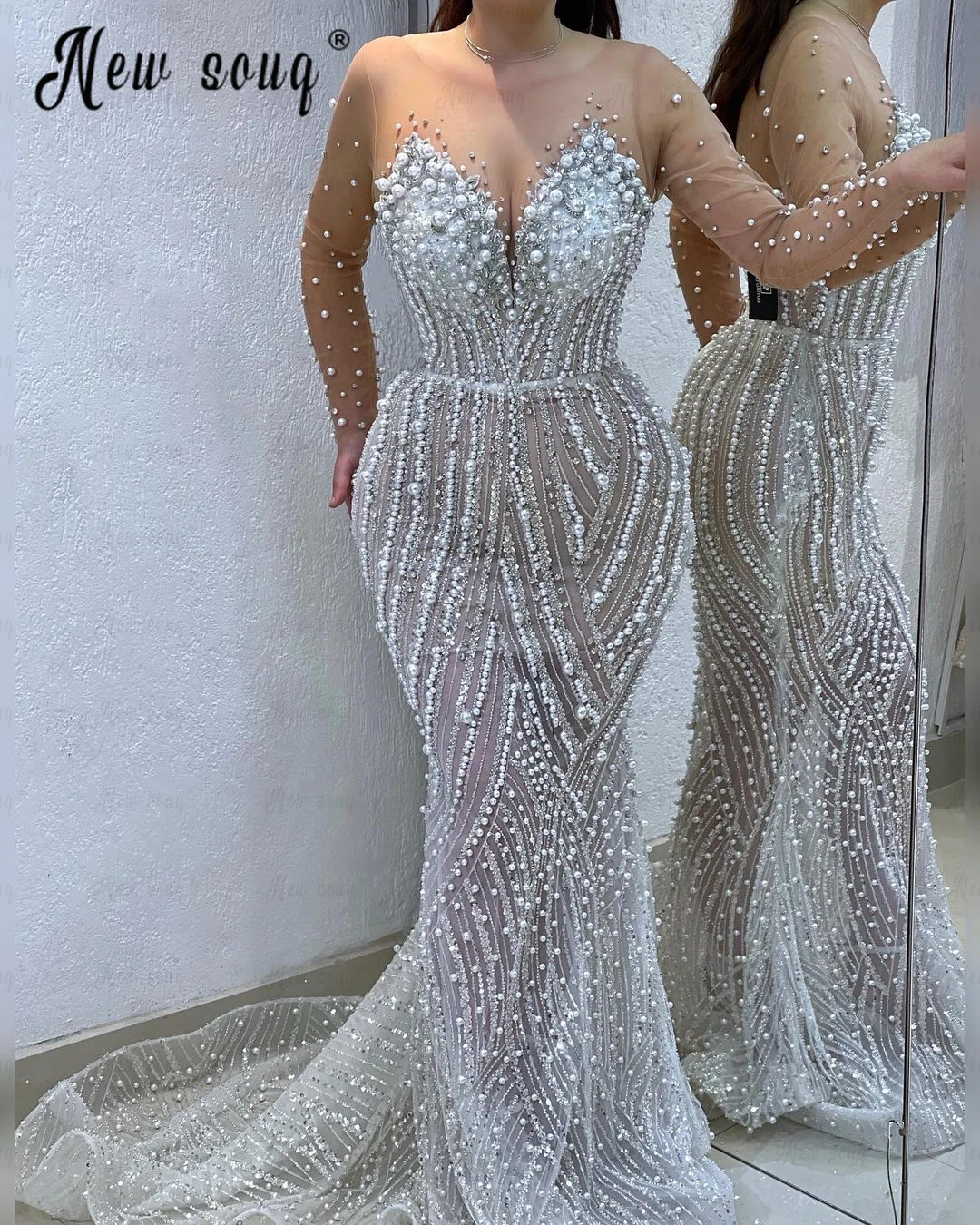 Ivory Full Pearls Evening Dress Nude Neck Long Sleeve Mermaid Beaded Robe de Mariée 2024 Court Train Formal Prom Gowns Arabic