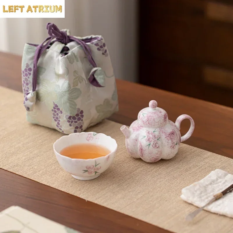Hand drawn rose ceramic Kung Fu tea set, one pot, one cup, handmade tea pot, tea cup, outdoor portable set