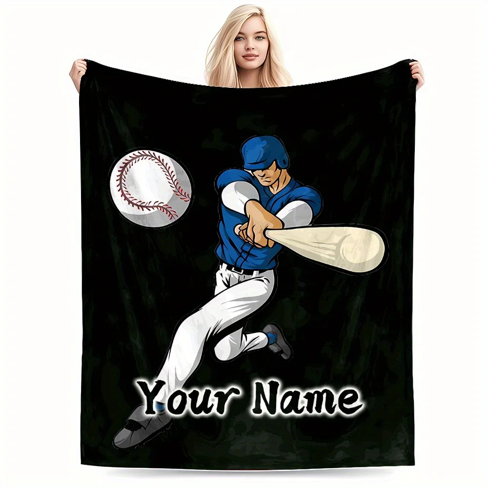 Custom Name Baseball Player Print Flannel Blanket Soft Throw Blanket Sofa Bed Couch All Season Sports Room Decor Birthday Gift