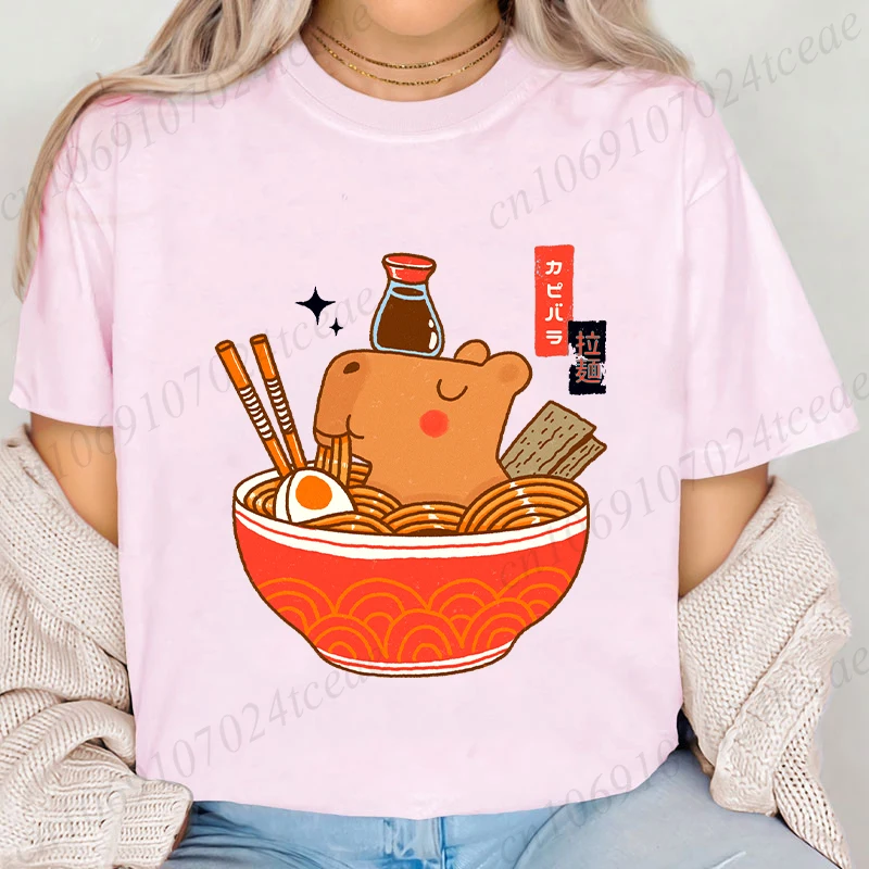 Capybara Ramen Streetwear  Fashion Women T-Shirt Harajuku Kawaii Clothes Short Sleeve Summer Tees Casual Adults Kids Tops O-Neck