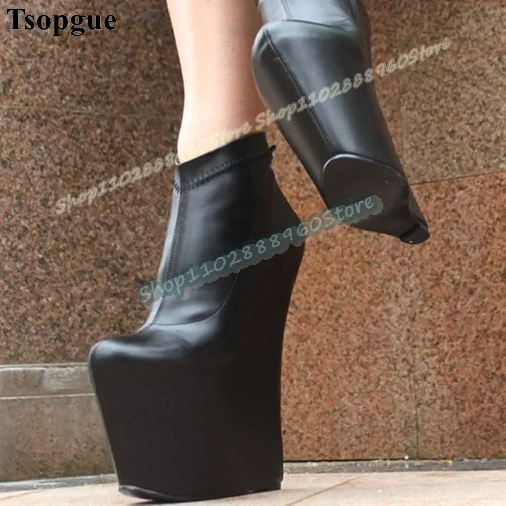 

Advanced Black Matte Leather Platform Boots Wedges High Heel Shoes For Women Side Zipper Round Toe Gorgeous Party Stylish Boots