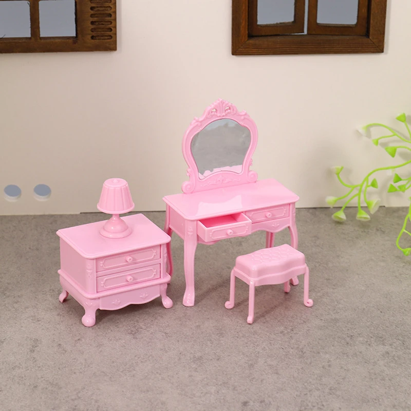1 مجموعة دمية مصغرة منضدة الزينة مع مرآة السرير الجدول كرسي المكياج الجدول ديكور المنزل لعبة بيت الدمية الملحقات