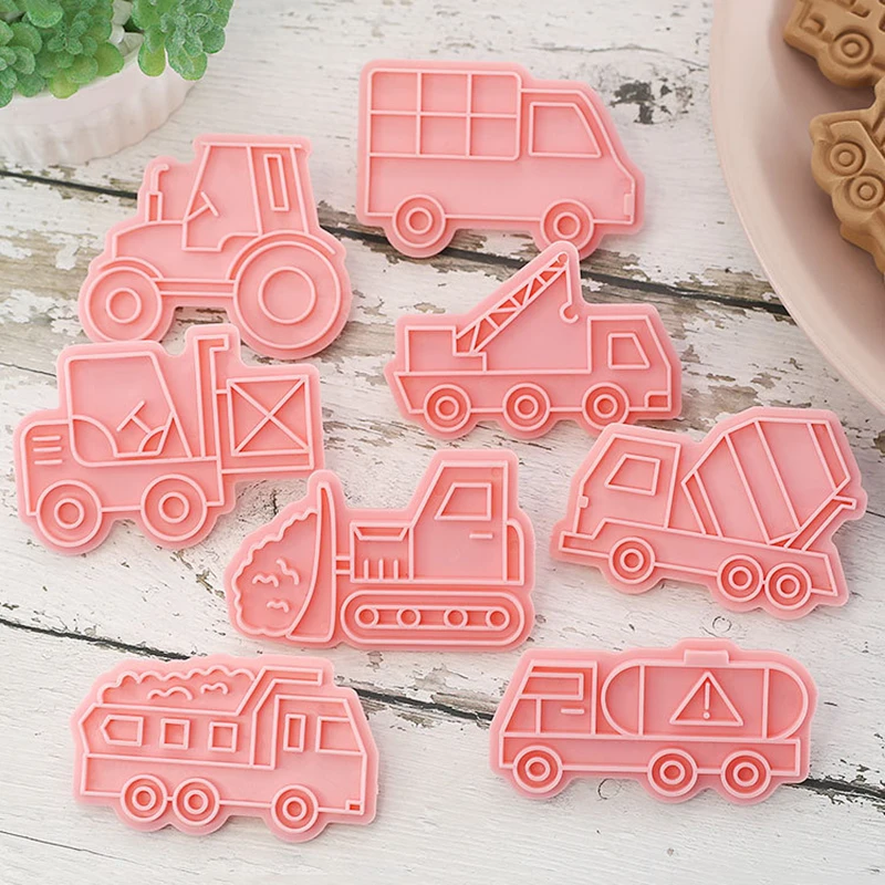 8pcs/set Engineering Truck Cookie Cutters Plastic 3D Cartoon Pressable Biscuit Mold Cookie Stamp Kitchen Baking Pastry Bakeware