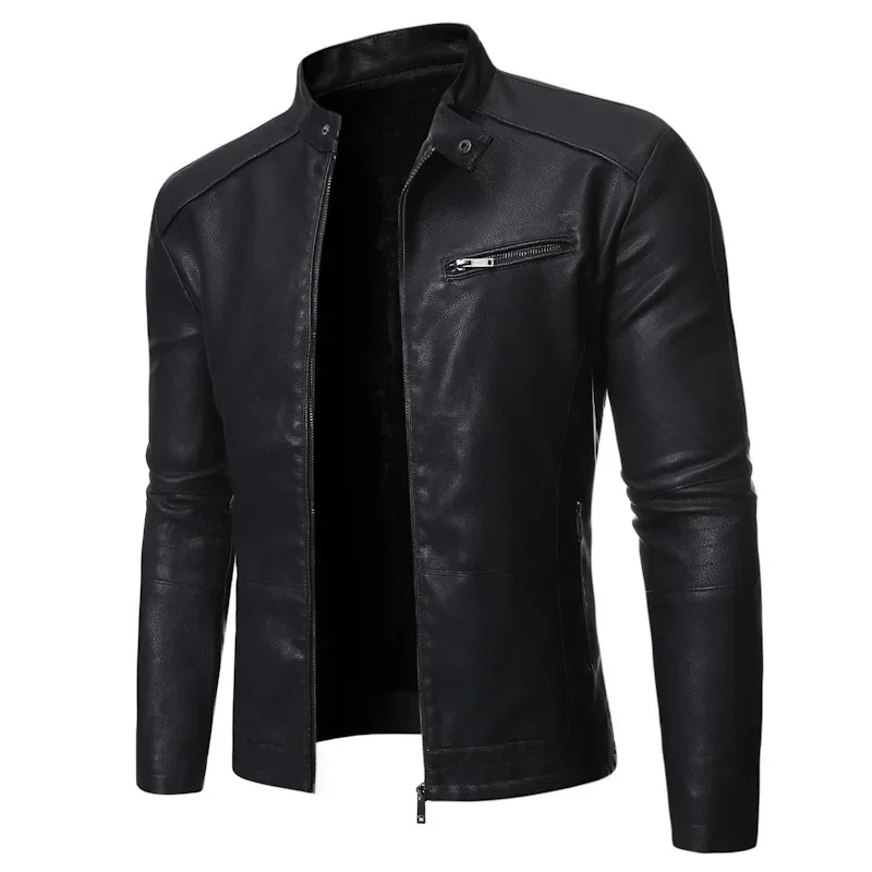 Men Autumn Winter Locomotive PU Leather Jacket Stand-up Collar Long Sleeve Zipper Coat - Image 5