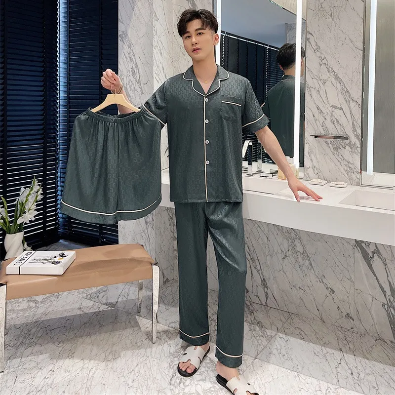 Fashion men's plain three-piece pajamas Summer thin ice silk lapel nightgown boys open button short sleeve pants home wear