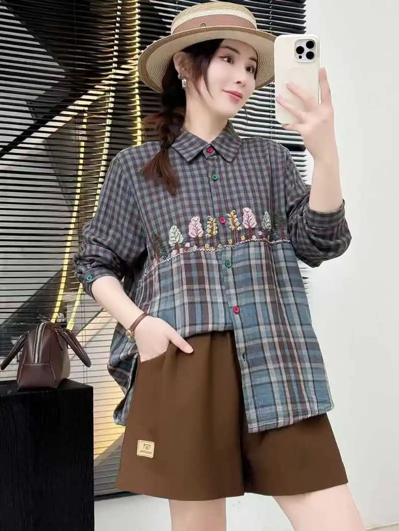 Japanese Mori Girl Vintage Plaid Embroidered Tree Cotton Shirts Women Autumn Turn Down Collar Long Sleeve Retro Loose Blouse Top