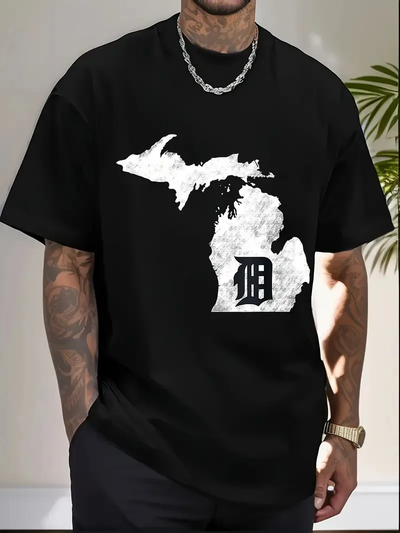 

Detroit 'D' Mitten Graphic Tee - 100% Cotton, Men's Casual Short-Sleeve T-Shirt