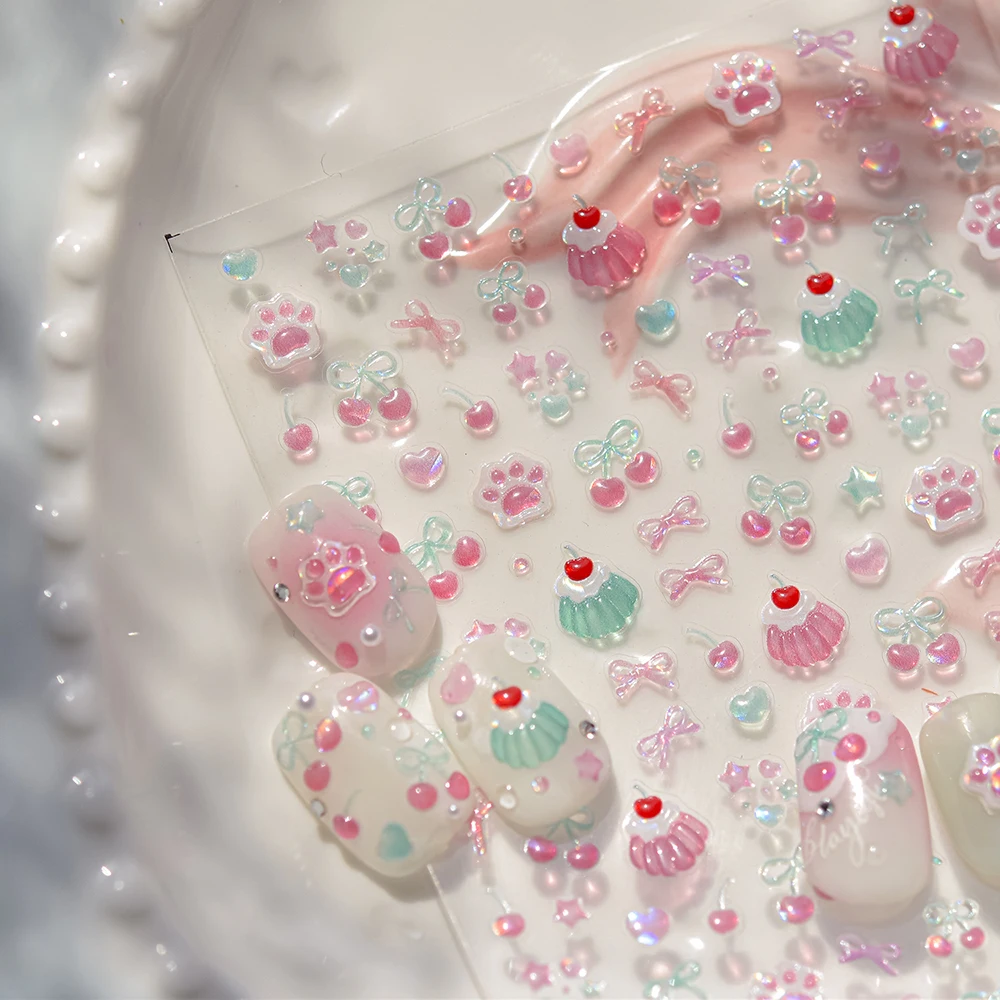5d cereja geléia arte do prego adesivos kawaii cão pata impressão transparente arco prego slicker decalques manicure diy adesivo slider decoração