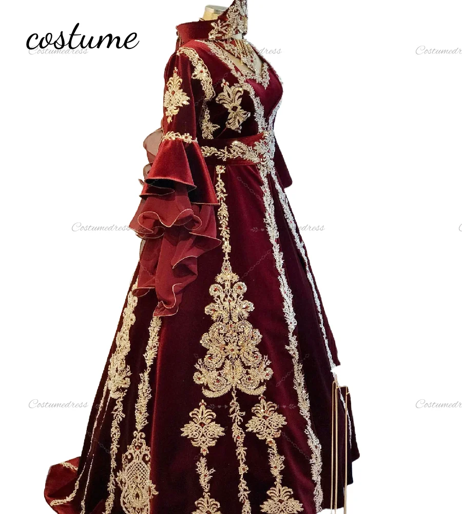Traditional Red Turkish Evening Dress Vintage Muslim Arabic Prom Dress Velvet Gold Lace Dubai Moroocan Vestio De Novias 2026