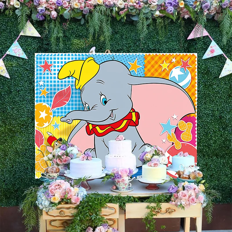 

Disney Cartoon Pink Ears Flying Elephant Blue And Yellow Backdrop Dumbo Circus Baby Happy Birthday Party Decoration Background