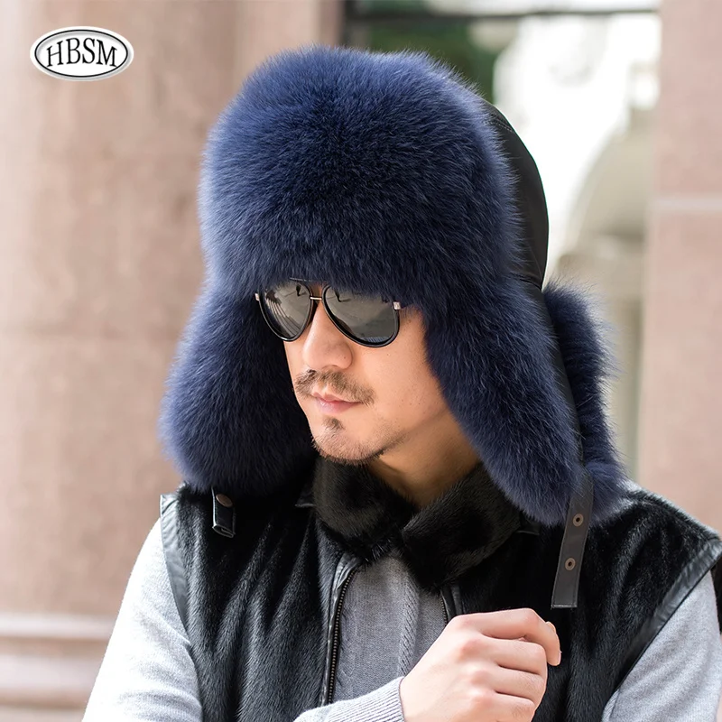 Men Real Fur Hat Fox Trapper Bomber Hats Russian Ushanka Warm Winter Raccoon Fur Earflap Hat Outdoor Sports Skiing Plush Cap