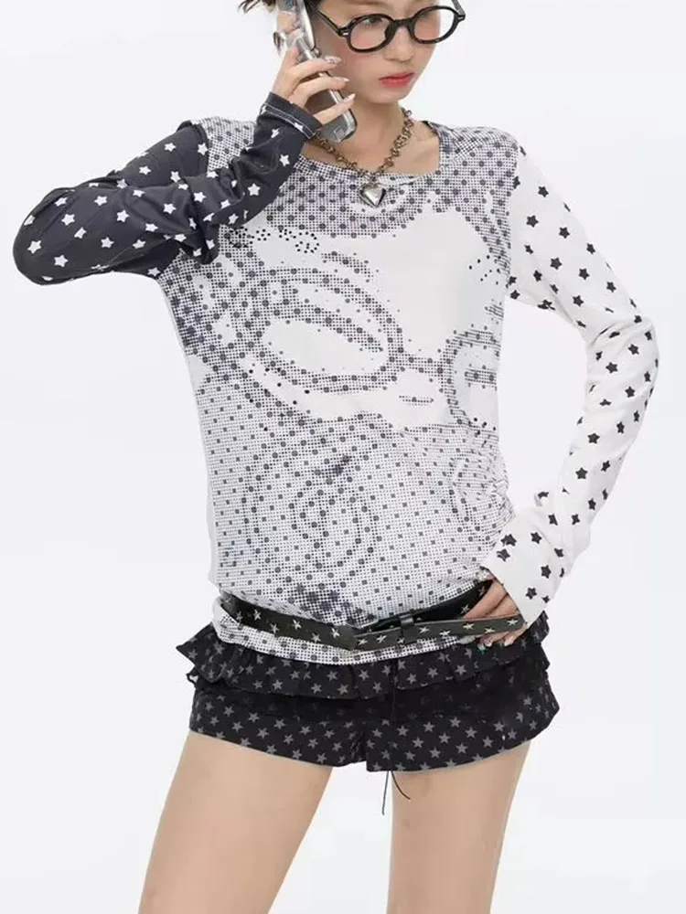 Y2k Aesthetic Long Sleeve T-shirts Women Anime Polka Dot Print Patchwork Slim Fit Tops Autumn Harajuku Vintage Tees Ins - view 4